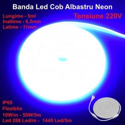 Banda Led Cob Albastru Intens Neon Flex - 288led/m - IP65 / 220V - 10W/ml / Rola 5ml