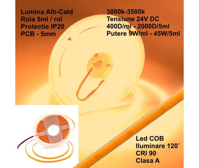 Banda led Cob 5mm - 400Led/m DC 24V - 9W/m IP20 Lumina Alb-Cald 3500K - 5m/Rol