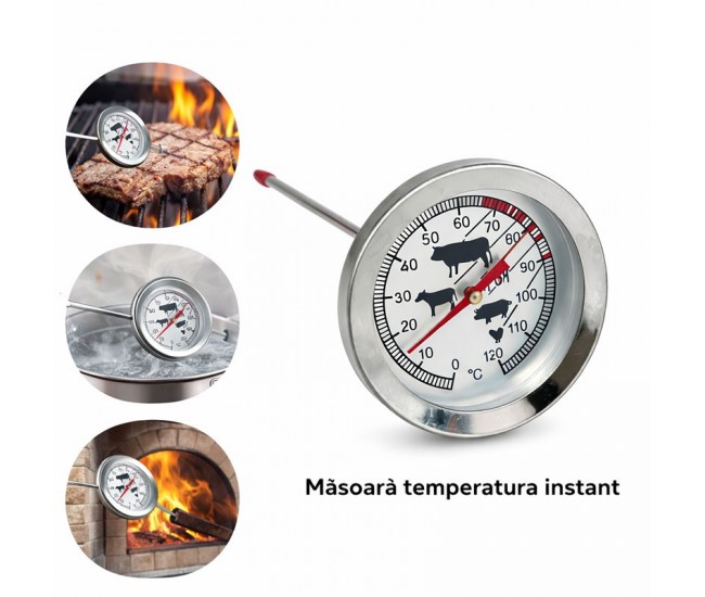 Termometru Metalic Analog cu Tija 0–120 grade Celsius pentru Gratar, Cuptor si Afumatoare - HoReCa | DALBI