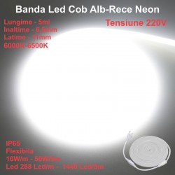 Banda Led Cob Alb-Rece 6500K Neon Flex - 288led/m - IP65 / 220V - 10W/ml / Rola 5ml