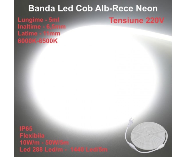Banda Led Cob Alb-Rece 6500K Neon Flex - 288led/m - IP65 / 220V - 10W/ml / Rola 5ml