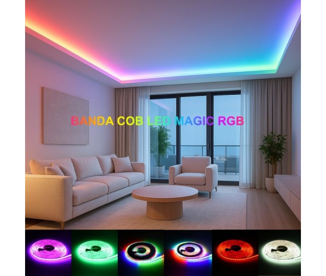 Banda Cob Led Digital Magic RGB 420D - 24V-10mm, Putere 15W/m - Luminozitate RA 90 - Protectie IP 20 - Rola 5m