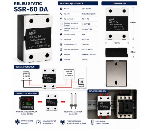 Releu Static SSR-60 DA 60A 24-440V AC Control 3-32V DC DALBI