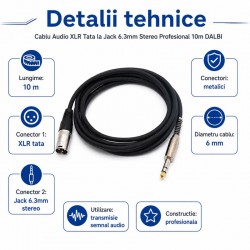 Cablu Audio XLR Tata la Jack 6.3mm Stereo Profesional 10m DALBI