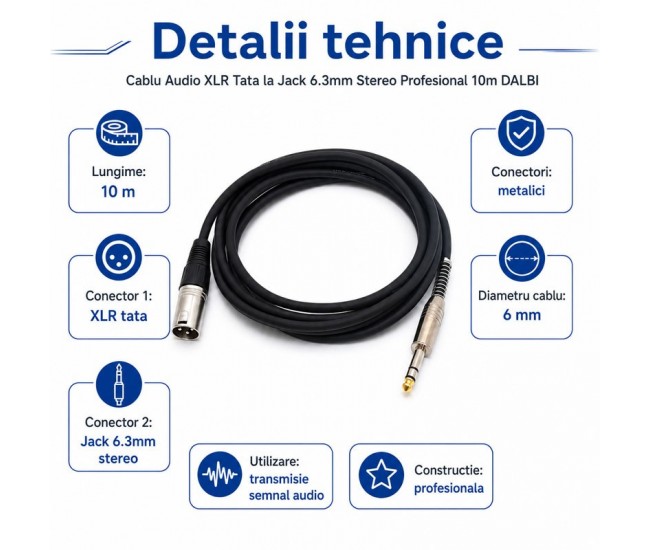 Cablu Audio XLR Tata la Jack 6.3mm Stereo Profesional 10m DALBI