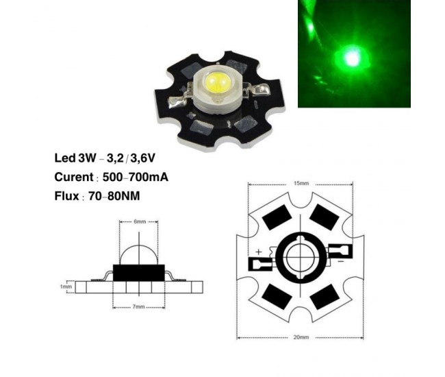 Led SMD 3W cu Radiator, Lumina Verde