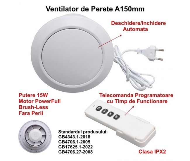 Ventilator Rotund de Baie A150 - 15W cu Clapeta Automata si Telecomanda Programatoare - IPX2