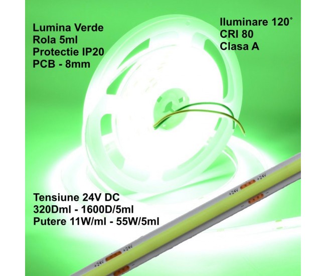 Banda Cob Led 24V - 8mm / 320led/ml - 11W/ml, Verde - Interior IP20 - 5m/rol