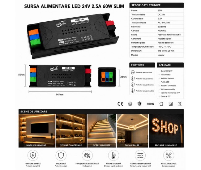Sursa Alimentare LED 24V 60W 2.5A Slim cu Conectare Rapida Push-In DALBI