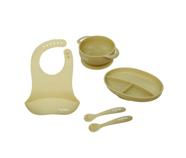 Set diversificare 5 piese silicon : baveta, bol, farfurie, lingurita