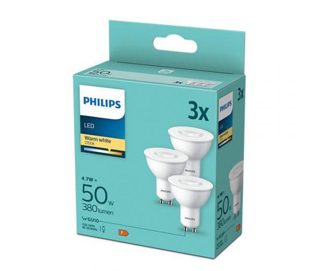 Pachet 3 becuri LED Philips, GU10, 4.7W (50W), 380 lm,