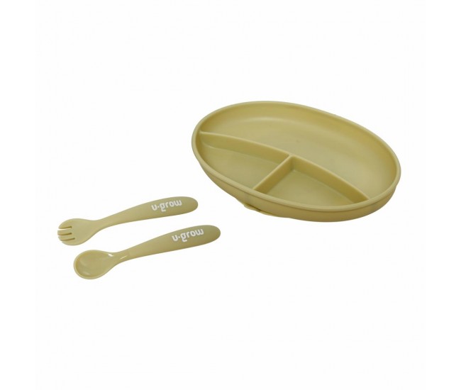 Set farfurie cu lingurita si furculita silicon, olive,U-Grow