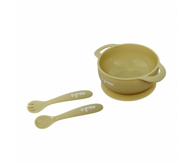 Set bol cu lingurita si furculita silicon, olive,U-Grow