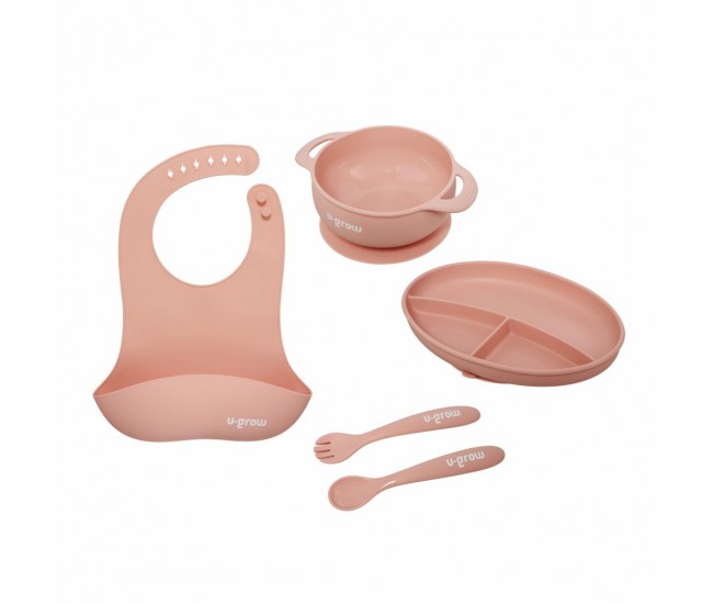 Set diversificare 5 piese silicon : baveta, bol, farfurie, lingurita