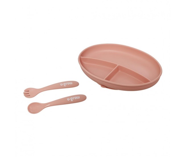 Set farfurie cu lingurita si furculita silicon, roz , U-Grow