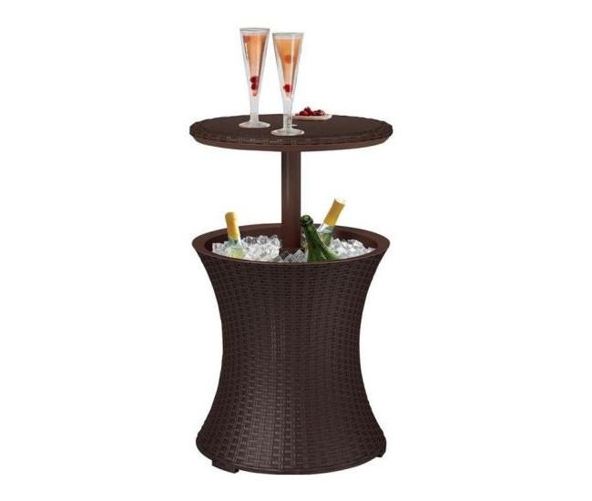Masa/bar, ratan sintetic, inaltime reglabila, cu container gheata, maro, 49x57/82 cm