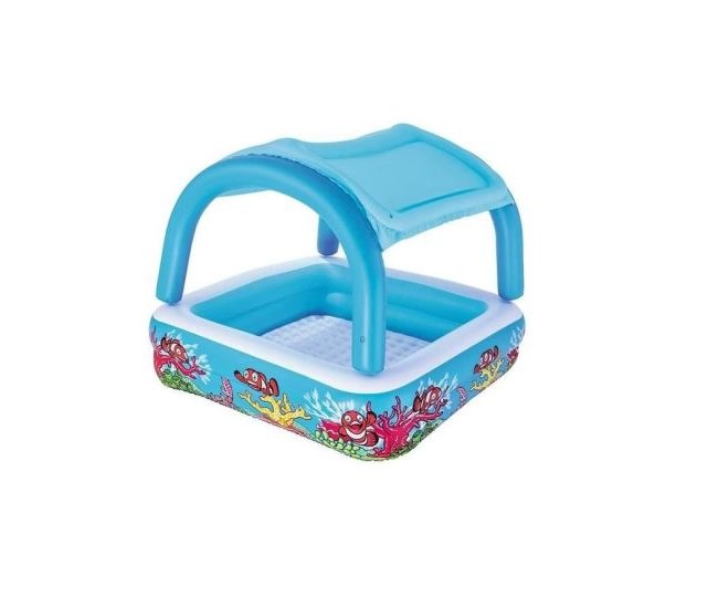 Piscina gonflabila pentru copii, patrata, cu acoperis, model coral, 147x147x122 cm, Bestway