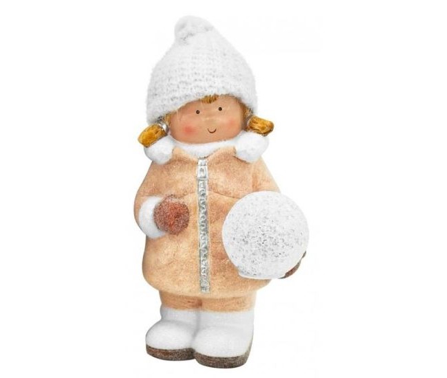 Decoratiune iarna, ceramica, fata cu bulgare de zapada, LED, 14x13x25 cm