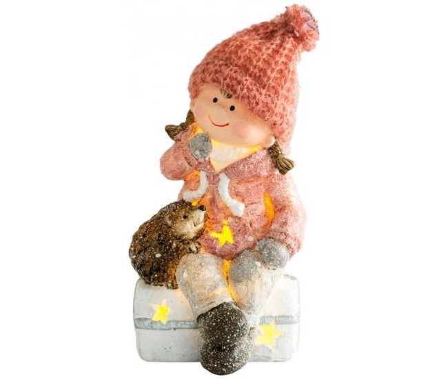 Decoratiune iarna, polirasina, fata cu arici asezati pe taburet, LED, 10.5x10.5x19.5 cm
