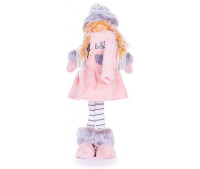 Decoratiune iarna, fata cu rochita, puf, roz si gri, 17x13x48 cm