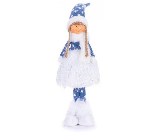 Decoratiune iarna, fata cu rochita tricotata si puf, albastru si gri, 14x11x51 cm