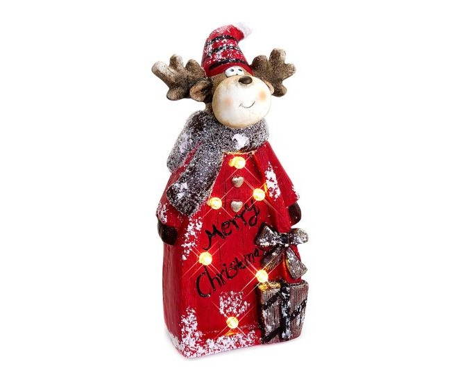 Decoratiune Craciun, ceramica, ren in camasa rosie, Merry Christmas, LED, 3xAAA, 19x10x42 cm, Chomik