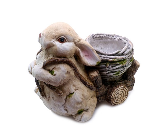 Decoratiune gradina, ceramica, iepure cu carucior, 34x19x39 cm