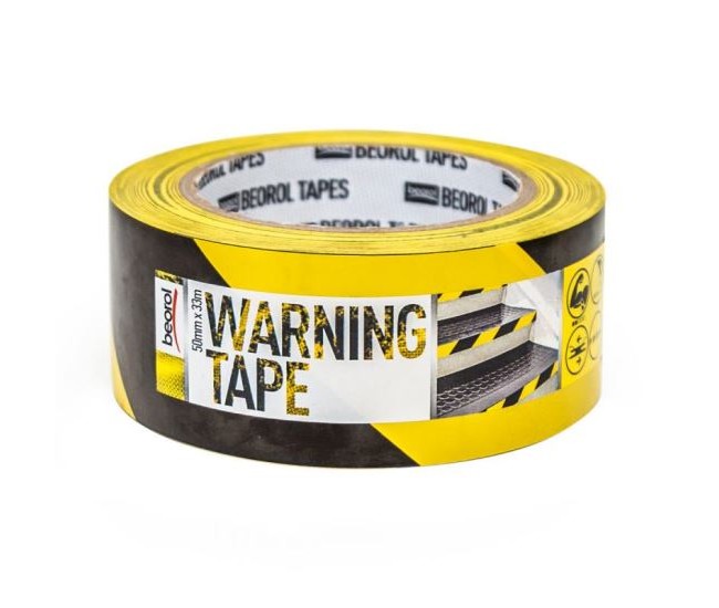 Banda avertizare adeziva, 50 mm x 33 m, galben-negru, Beorol