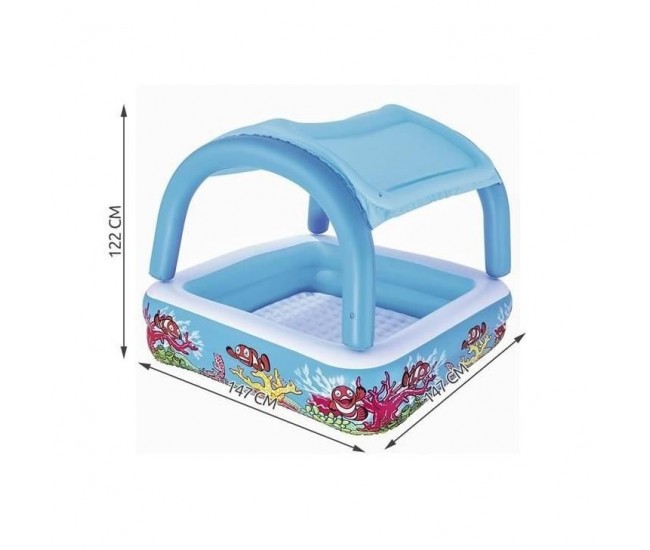 Piscina gonflabila pentru copii, patrata, cu acoperis, model coral, 147x147x122 cm, Bestway