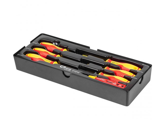 Set surubelnite izolate, late si cruce, cu creion de faza, sertar TIP A (385x150 mm) pentru dulap mobil, PH0-2, 3-5.5 mm, 60-125 mm, 7 elemente, RICHMANN EXCLUSIVE