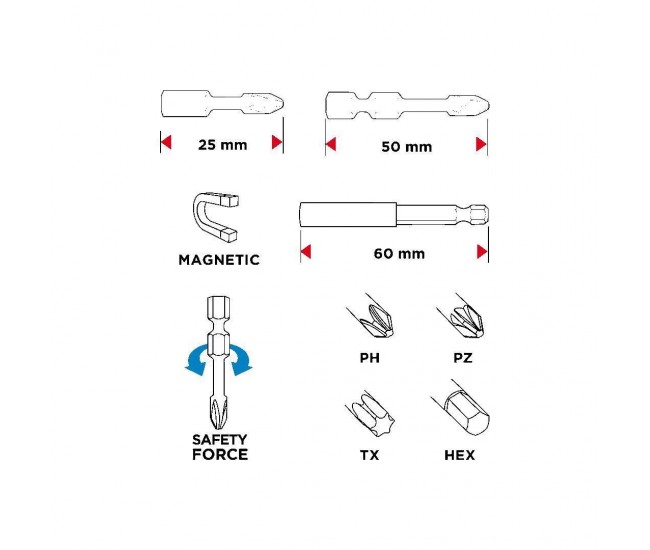 Varfuri, biti, de impact, cu adaptor magnetic, set 23 buc, 25-50 mm, Graphite
