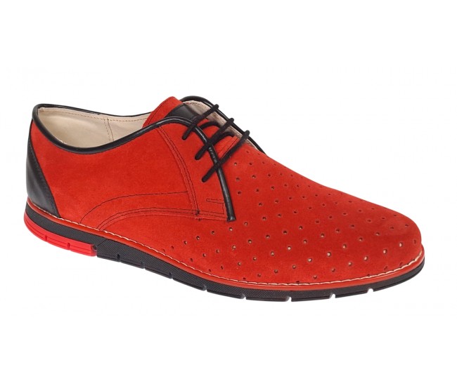 Oferta marimea 41 Pantofi barbati casual din piele naturala intoarsa cu perforatii Rosu 1010RVEL