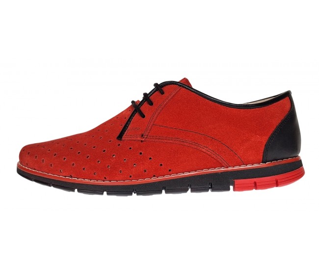 Oferta marimea 41 Pantofi barbati casual din piele naturala intoarsa cu perforatii Rosu 1010RVEL