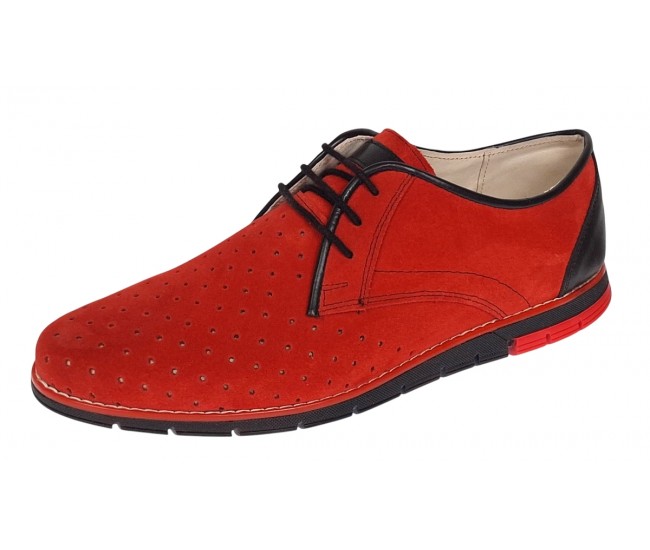 Oferta marimea 41 Pantofi barbati casual din piele naturala intoarsa cu perforatii Rosu 1010RVEL