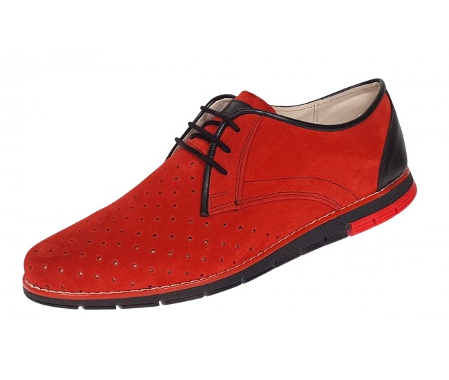 Oferta marimea 41 Pantofi barbati casual din piele naturala intoarsa cu perforatii Rosu 1010RVEL