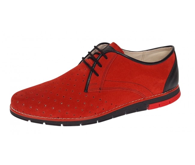Oferta marimea 41 Pantofi barbati casual din piele naturala intoarsa cu perforatii Rosu 1010RVEL