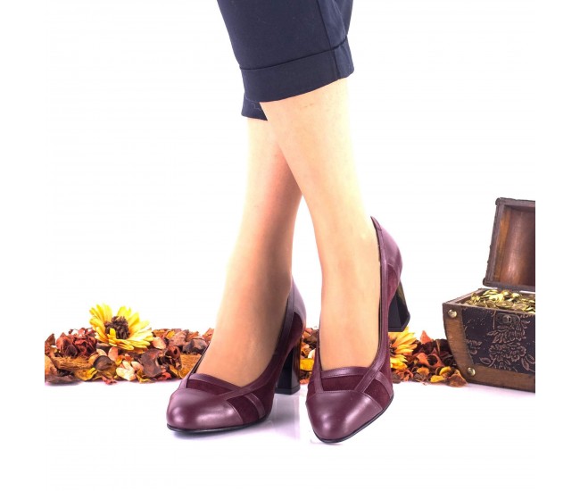 Pantofi dama, eleganti, din piele naturala si piele intoarsa, bordo toc 6cm - NAA36