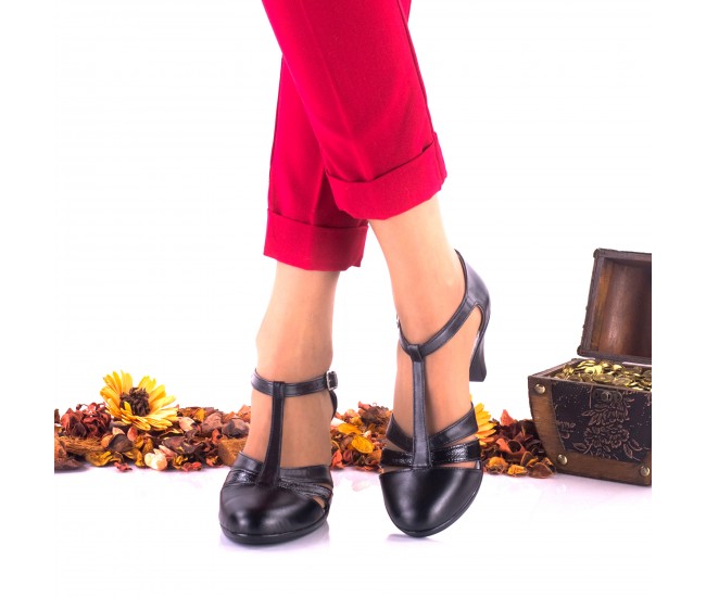 Pantofi dama din piele naturala, negri si piele naturala lacuita, toc 5cm - NA173