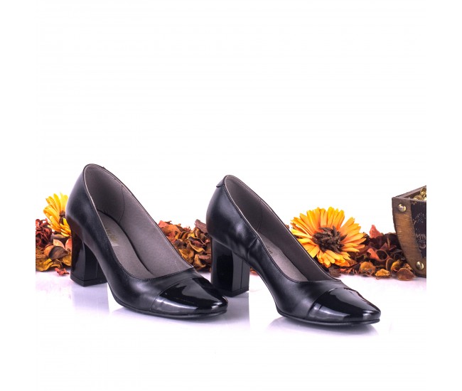 Pantofi dama eleganti din piele naturala ,negri si piele naturala lacuita toc 7cm - NAA3B