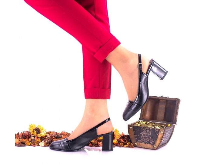 Pantofi dama eleganti din piele naturala ,negri si piele naturala lacuita toc 7cm - NAA37