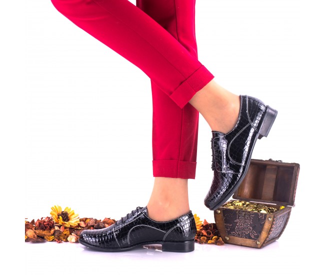 Pantofi dama casual din piele naturala, negri, croco - NA150CRN