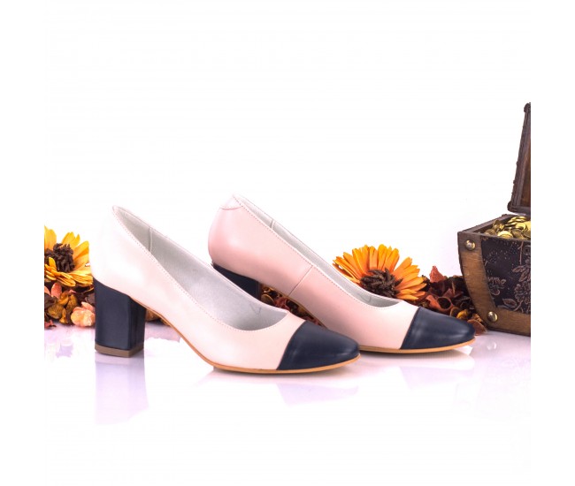 Pantofi dama eleganti din piele naturala ,nud cu bleumarin, toc de 7cm - NAA3C