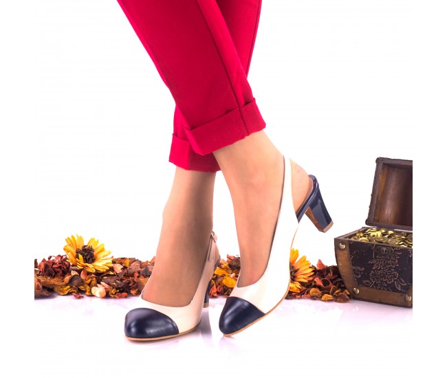 Pantofi dama eleganti din piele naturala ,nud cu bleumarin,toc 5cm - NAA20