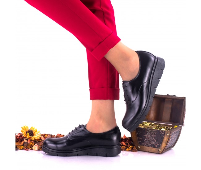 Pantofi dama negri, casual din piele naturala cu siret NA269