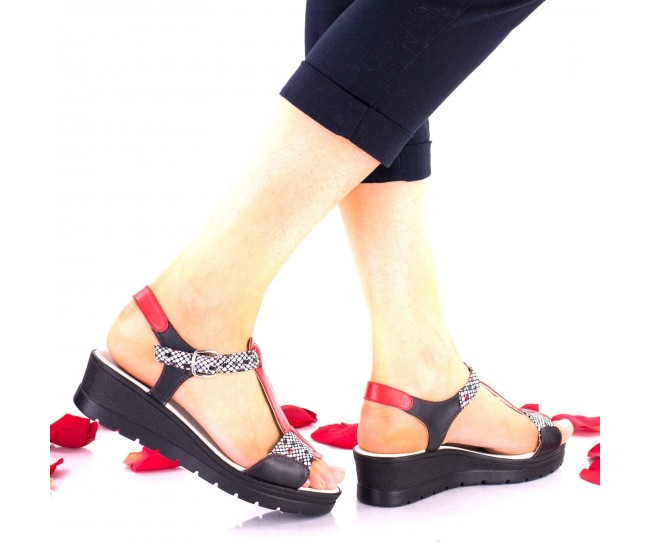 Sandale dama rosu si negru din piele naturala - NA274
