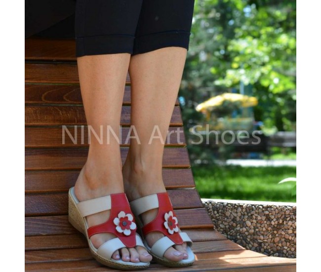 Sandale dama din piele naturala, rosu - crem - NA303ROSU