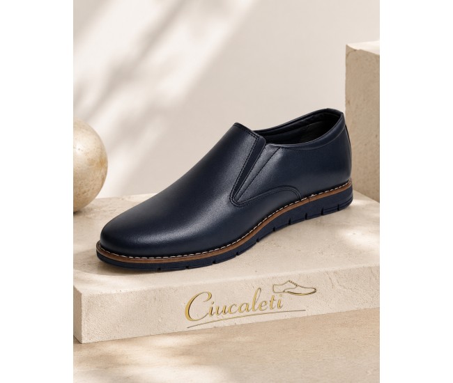 Pantofi barbati bleumarin din piele naturala tip slip-on cu talpa confort 330EBLUE