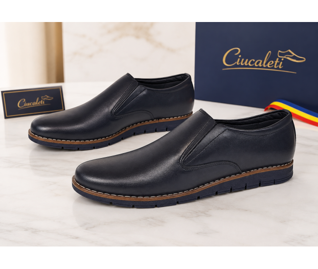 Pantofi barbati bleumarin din piele naturala tip slip-on cu talpa confort 330EBLUE