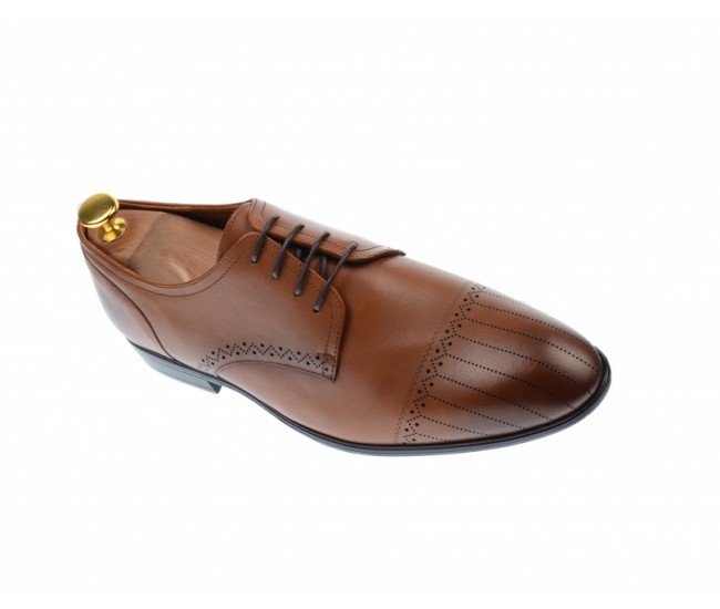 Pantofi barbati eleganti, cu siret, din piele naturala maro coniac - 702CON