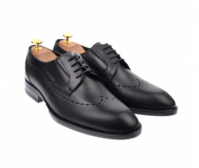 Pantofi barbati derby perforati, eleganti, cu siret, din piele naturala neagra - 708NEGRU